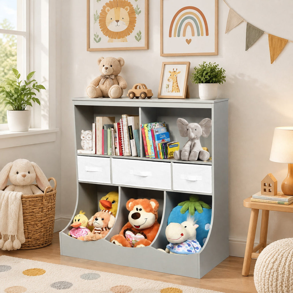 Airfind Freestanding Combo Cubby Bin Storage Organizer Unit W/3 Baskets, 66 lbs Capacity, 37 x 16 x 37 (L x W x H) Big drawer Footprint, Gray