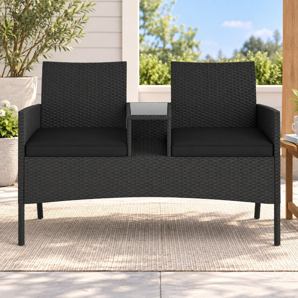Airfind Patio Loveseat with Built-in Table for Backyard Porch, 400 lbs Capacity, PE Rattan Metal Polyester Sponge Tempered Glass Frame, Black