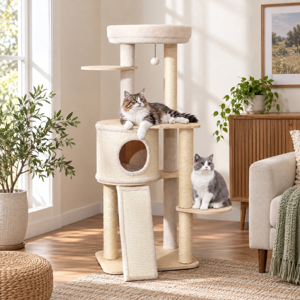 Airfind 56 Inch Tall Cat Tree with 2 Sisal Scratching Posts and Ladder, 33 lbs Capacity, 23 Inch x 19 Inch x 56 Inch Condo Footprint, Natural