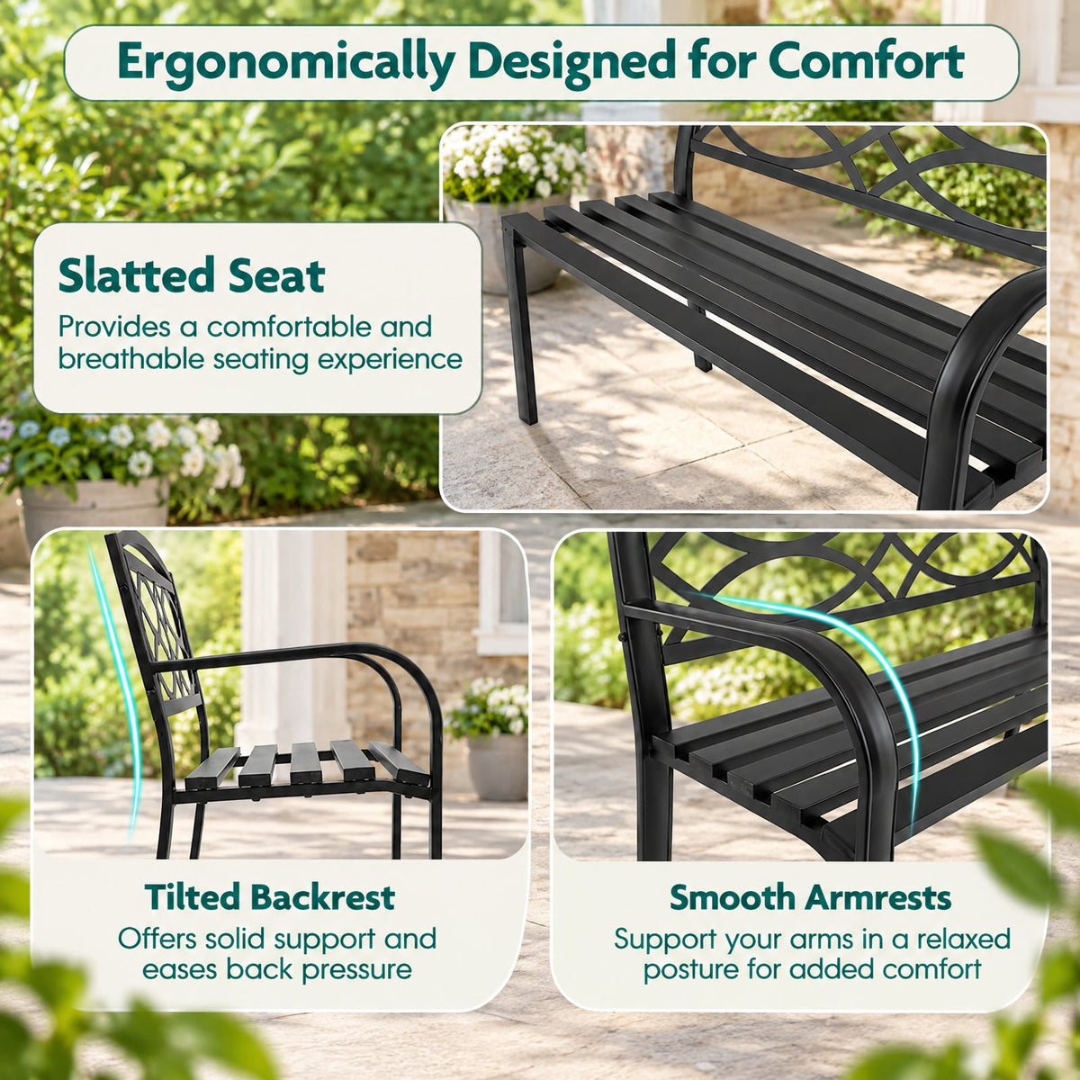 Airfind Garden Bench with Curved Armrests and Backrest, 660 lbs Capacity, Metal Frame, 19.5 x 45.5 x 32.5 Footprint, Black