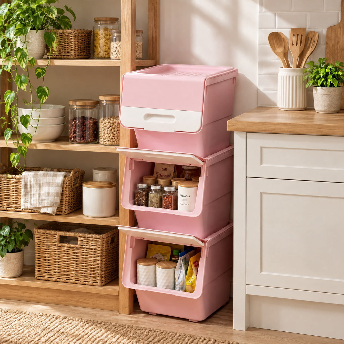 Airfind 3 Pieces Storage Bins on Wheels Stackable Plastic Boxes with Stay-Open Lid (S), 13 lbs Capacity, PP Frame, Pink