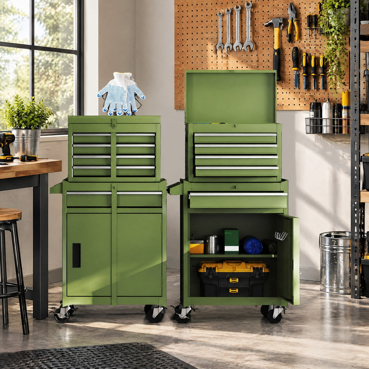 Airfind 2-in-1 Rolling Tool Chest with 5 Sliding Lockable Drawers, 220.5 lbs Capacity, Steel rubber-plastic synthetic Frame, Green