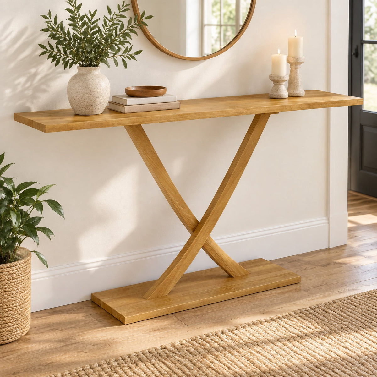 Airfind 57 Inch Solid Wood Console Table with Teak Wood Frame and Geometric Design, 110 lbs Capacity, Teak Wood Frame, 57 x 12 x 32 Footprint