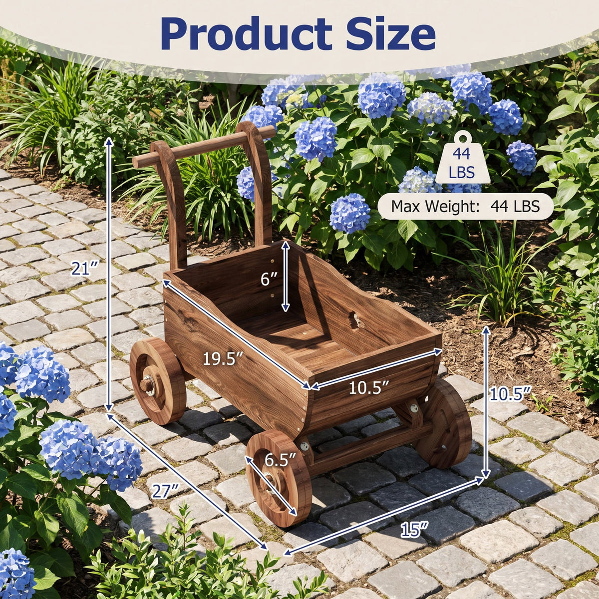 Airfind Decorative Wooden Wagon Cart with Handle Wheels and Drainage Hole, 44 lbs Capacity, Fir Wood Frame, 27 x 15 x 21 Footprint, Brown