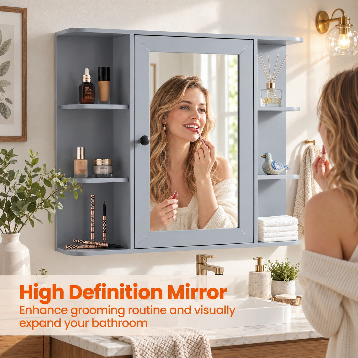 Airfind Wall Mounted Bathroom Medicine Cabinet with Mirror and Shelves, 120 lbs Capacity, MDF Engineered Wood Glass Frame, Gray