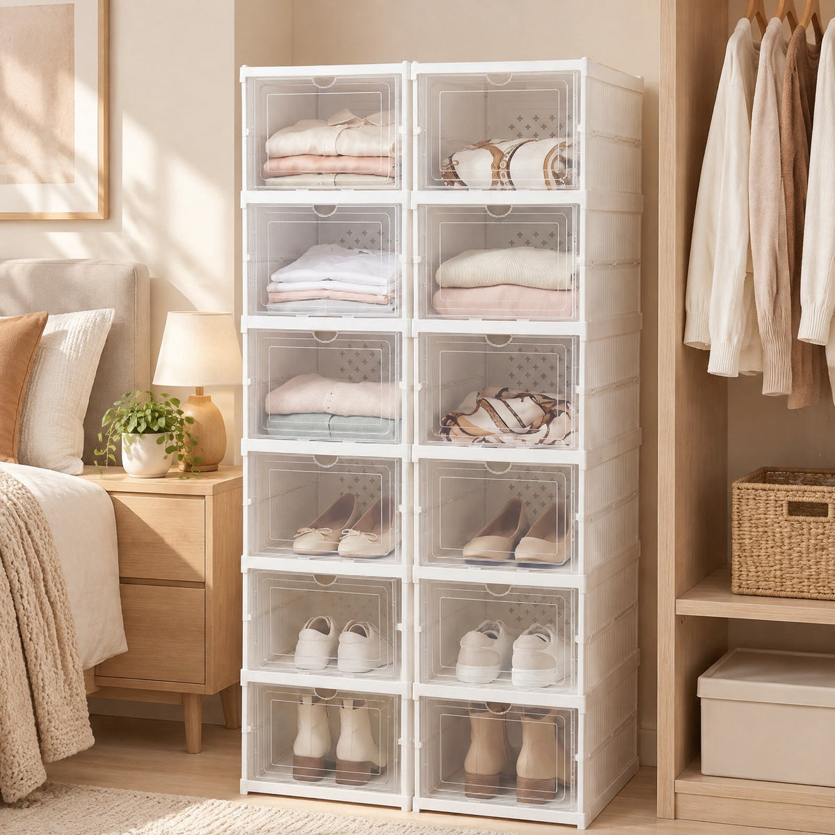 AIRFIND 6-Tier Shoe Organizer with Clear Doors, Magnetic Closures and Foldable Plastic Frame, Ventilated Shoe Storage for Closet or Entryway