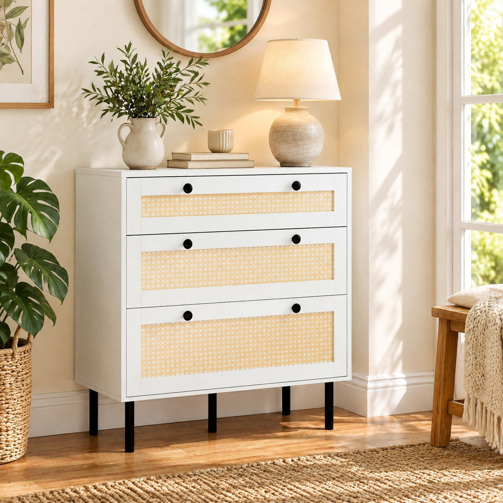 Airfind 3-Drawer Rattan Nightstand Boho Chest of Drawers for Bedroom, 66 lbs Capacity, Engineered Wood MDF Metal Frame, 29.5 x 14 x 31 Footprint