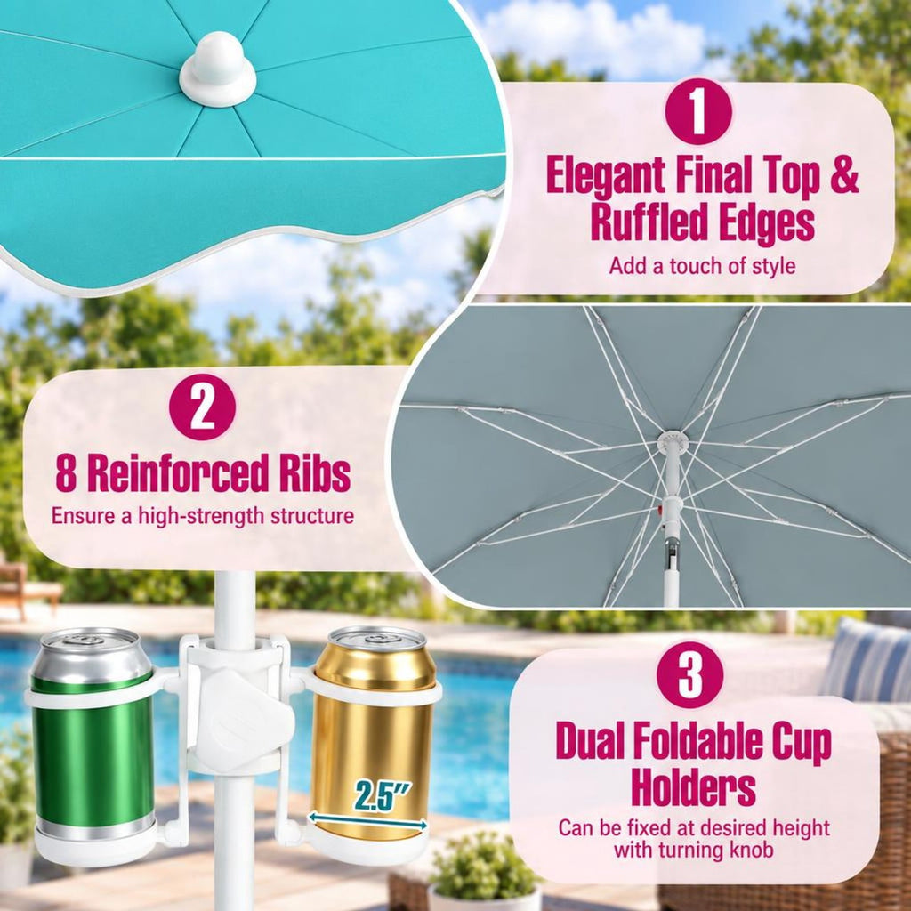 Airfind 6.5 FT Beach Umbrella UPF 50+ with Sand Anchor for Garden Pool, Polyester Fabric Metal Aluminum Alloy PP Frame, Turquoise Stripe