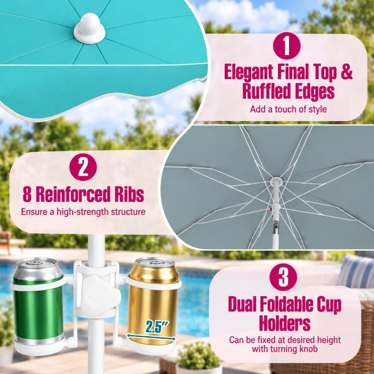 Airfind 6.5 FT Beach Umbrella UPF 50+ with Sand Anchor for Garden Pool, Polyester Fabric Metal Aluminum Alloy PP Frame, Turquoise Stripe