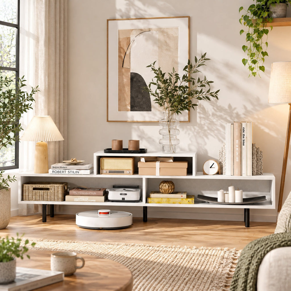 Airfind 3 Cubby TV Stand for TVs up to 70 Inch with Open Storage Compartments, 155 Lbs Capacity, Engineered Wood MDF Metal, White