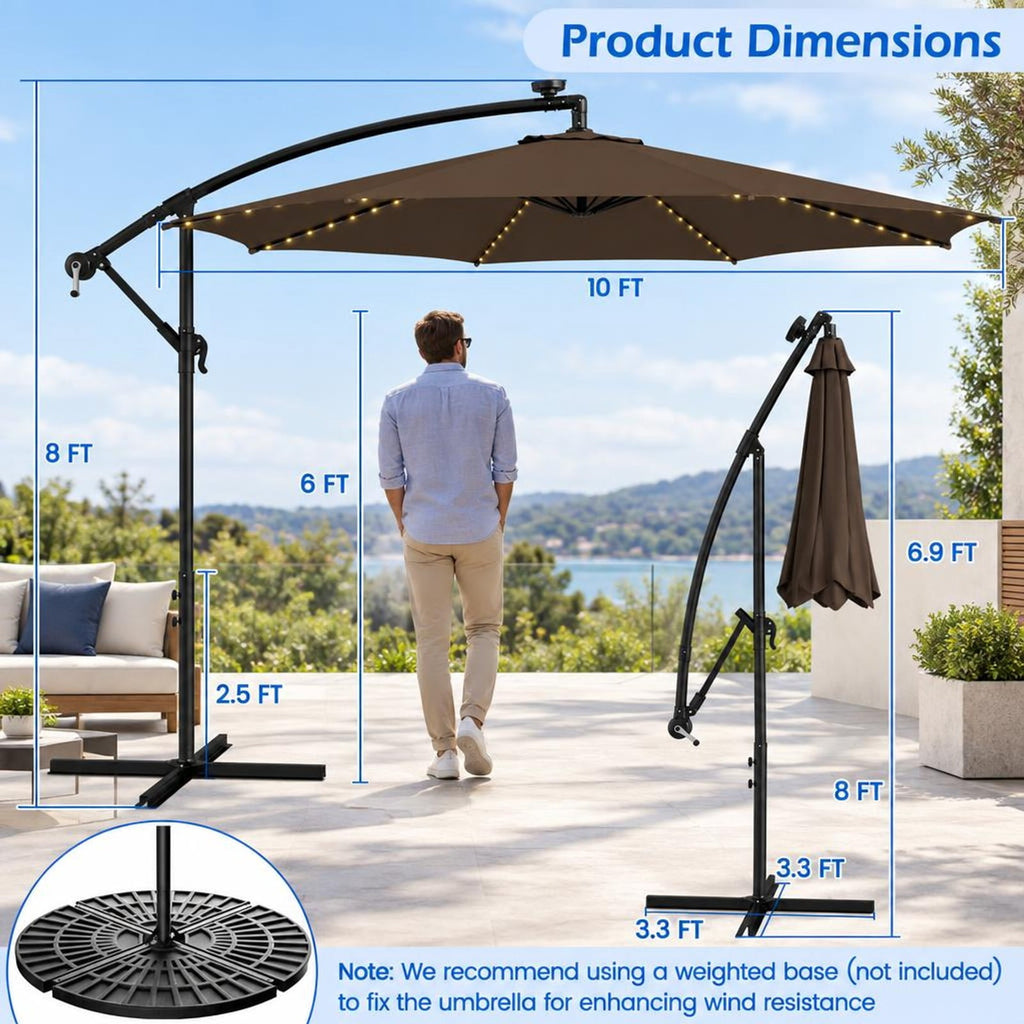 Airfind 10 Feet Patio Offset Umbrella with 112 Solar-Powered LED Lights-Beige, Polyester Fabric Metal Frame, 10 x 8 ft Footprint, Coffee