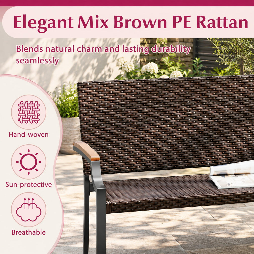AIRFIND Patio Wicker Loveseat with Acacia Wood Armrests, Woven PE Rattan Seat, Metal Frame and Adjustable Front Feet, Mix Brown