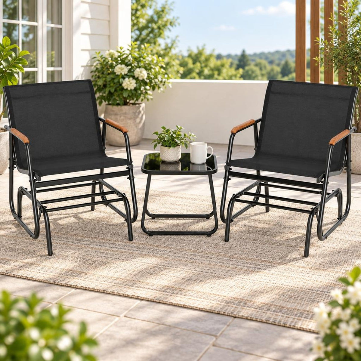 Airfind 3-Piece Outdoor Glider Bistro Set with Tempered Glass Top and Metal Frame, 22 x 18Weight Footprint, Black