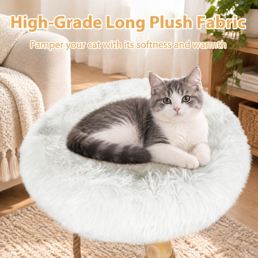 Airfind Modern Wooden Cat Tree Tower with Perch and Natural Jute Scratching Posts, 66 Lbs Capacity, Pear Wood Jute Long Plush Fabric, White
