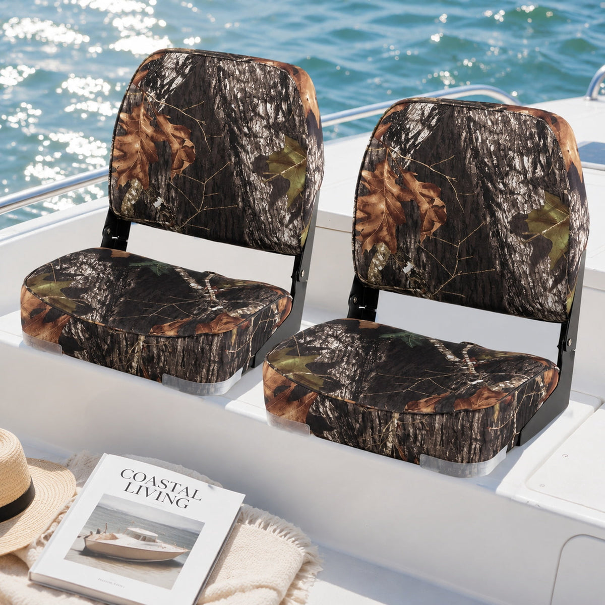 Airfind 2 Pack Folding Low Back Boat Seats with Cushioned PVC Leather and Aluminum Hinges for Fishing Boats and Marine Cabin Seating, Camouflage