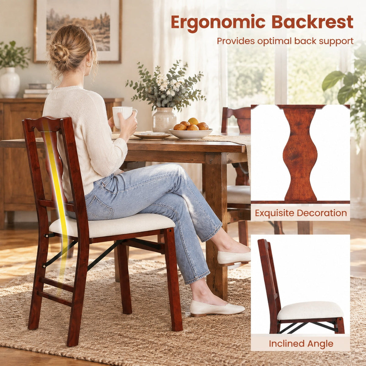 Airfind Folding Chairs Set of 2 Upholstered Dining Chairs with Comfy Padded Seats, 375 lbs Capacity, Rubber Wood Plywood Linen Fabric Sponge Frame