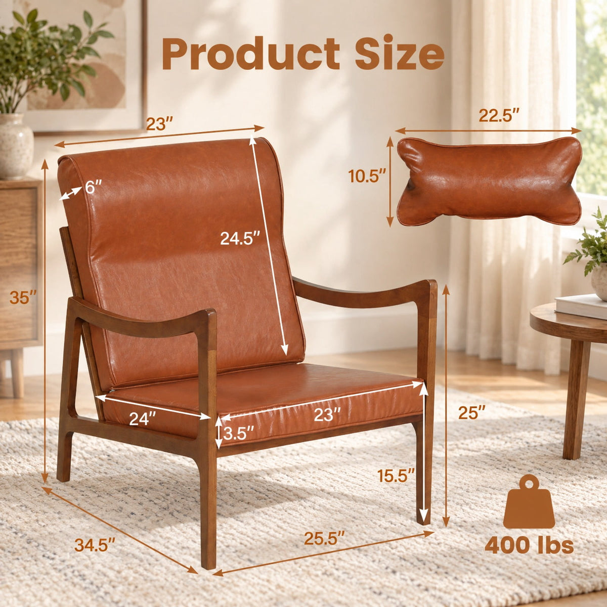 Airfind Modern Accent Chair with Solid Rubber Wood Faux Leather Upholstered Armchair, 400 lbs Capacity, 34.5 x 25.5 x 35 Footprint, Brown