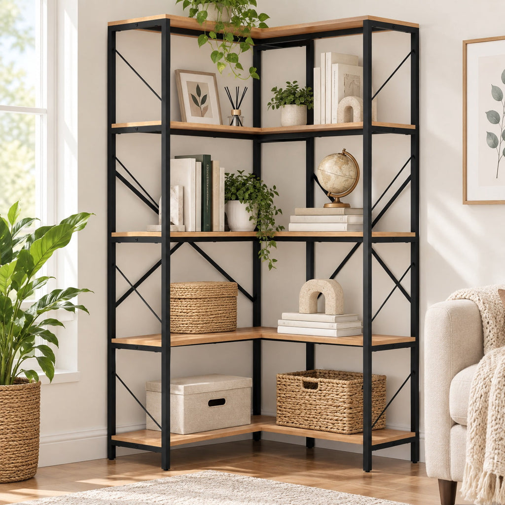 Airfind 66 Tall 5-Tier L-Shaped Bookcase with Metal Frame for Living Room, 44 lbs Capacity, Metal Frame, 31.5 x 31.5 x 66 Footprint, Brown