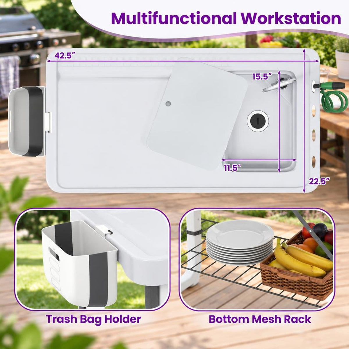 Airfind 2 in 1 Folding Fish Cleaning Table with Sink and Faucet for Patio BBQ, 330 lbs Capacity, HDPE Metal Stainless Steel Frame, White+Black