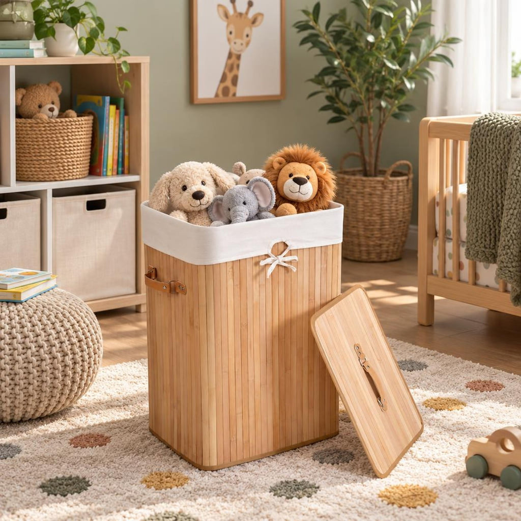 Airfind Rectangle Bamboo Hamper Laundry Basket Washing Cloth Bin Storage Bag Lid 3 color, Bamboo and polyester cotton Frame, Natural