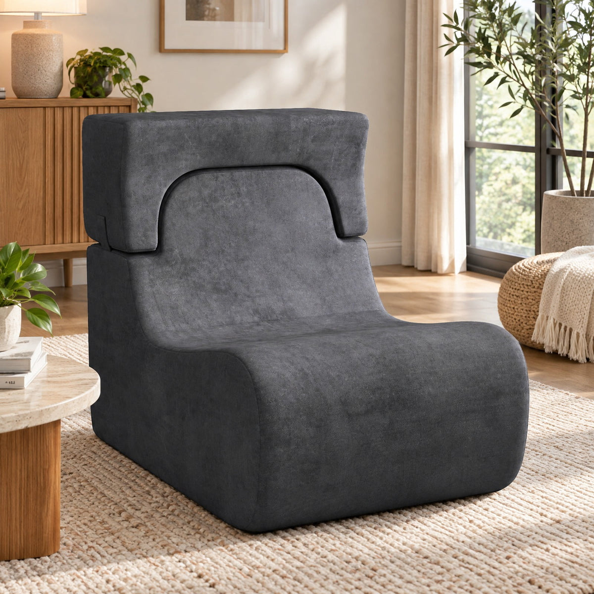 Airfind Floor Chair, Lazy Sofa with Detachable Headrest, 350 lbs Capacity, Ice Velvet Sponge Frame with Functional Design, Gray