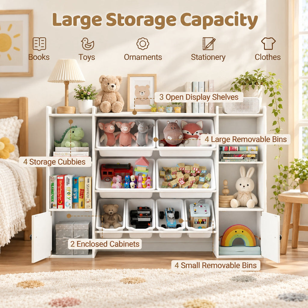 Airfind Kids Toy Storage and Bookshelf with Boxes and Open Shelves, 385 lbs Capacity, Engineered Wood Frame, for 3+ Years Old Total, White