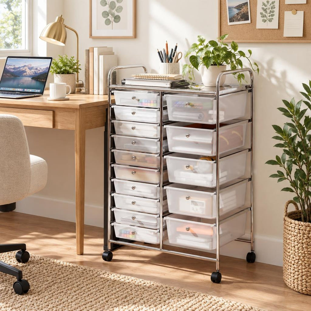 Airfind Rolling Storage Cart 15-Drawer Trolley with Chrome Plated Metal Frame, 22 lbs Capacity, Metal PP Frame, 24.5 × 15 × 38 Footprint