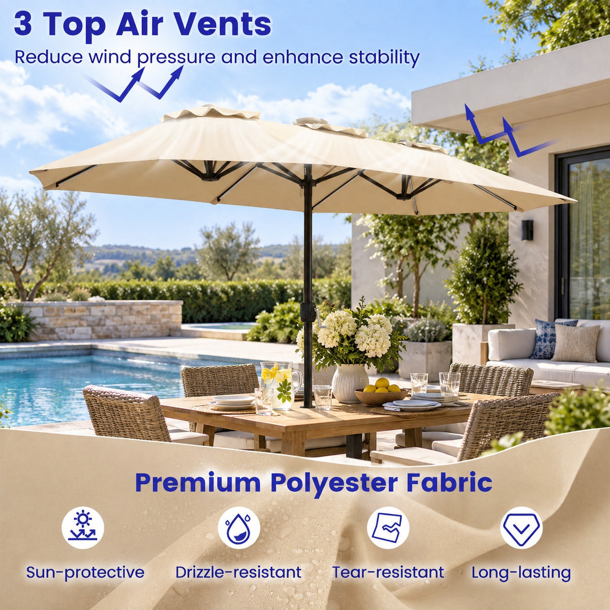 Airfind 13 FT Double-Sided Patio Umbrella with Color-Changing Flowing Solar LED Lights, Polyester Fabric Metal Frame, 13 x 7 ft Footprint, Beige