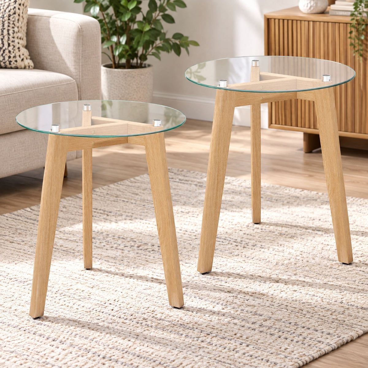 Airfind Tempered Glass End Table Round with Solid Rubber Wood Structure-Set of 2, 110 lbs Capacity, Tempered Glass Rubber Wood Plywood Frame