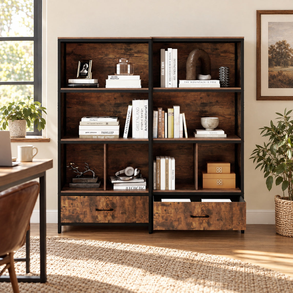 Airfind 56in Tall Freestanding Bookcase with Drawer 5 Tier, 44 lbs Capacity, Engineered Wood Metal Frame, 27in x 12in x 56in Footprint