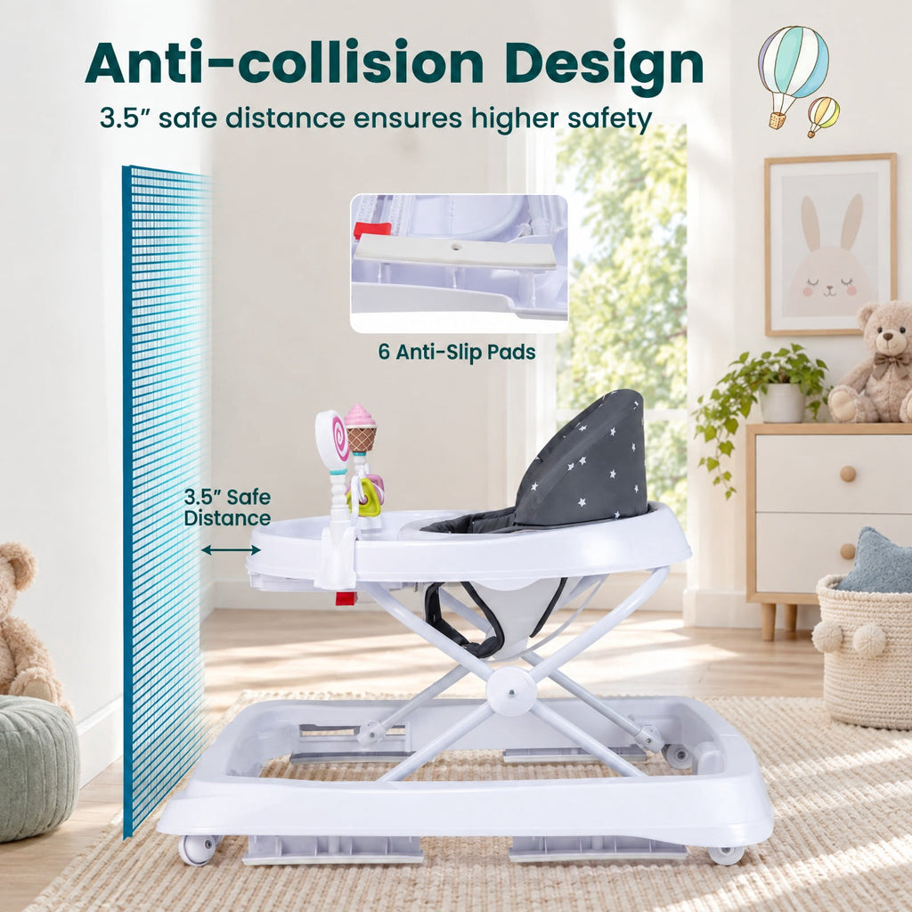Airfind Foldable Baby Activity Walker with Adjustable Height and Detachable Seat Cushion, 30 lbs Capacity, PP Metal Frame, for 6-36 Months Old, Gray