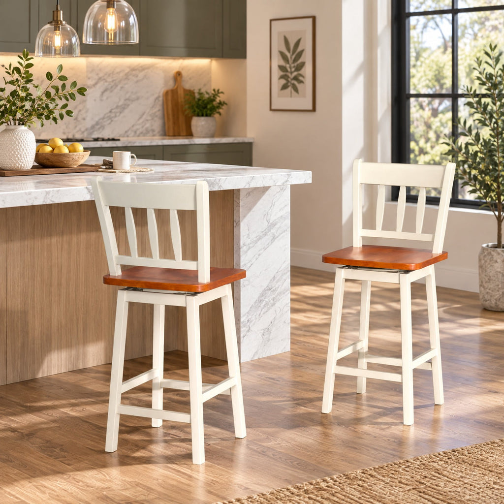 Airfind 24.5 Inches Set of 2 Swivel Bar Stools with 360° Swiveling, Rubber wood metal Frame, White, Product dimension 16 Inch x 18 Inch x 38.5 Inch (L x