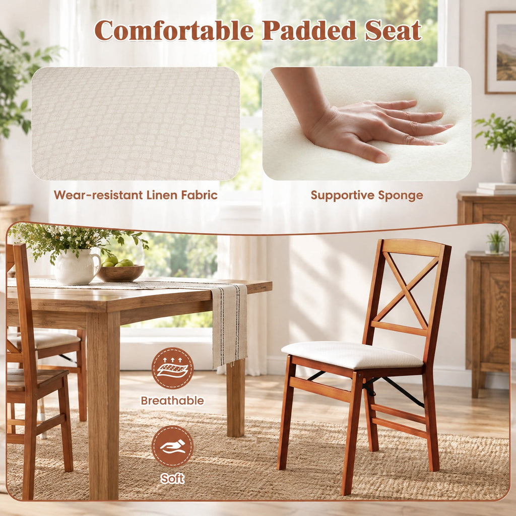 Airfind Folding Dining Chairs Set of 2 with Padded Seat and Rubber Wood Frame, 400 lbs Capacity, Rubber Wood Frame, 22in x 17in x 34.5in Footprint