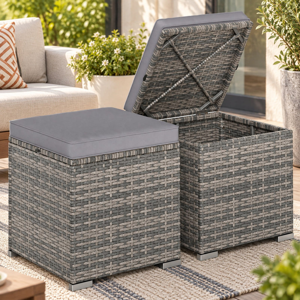 Airfind 2 Pieces Patio Ottoman with Hidden Storage Space-Mix Grey, 350 lbs Capacity, Metal PE Rattan Sponge Polyester Frame, Grey