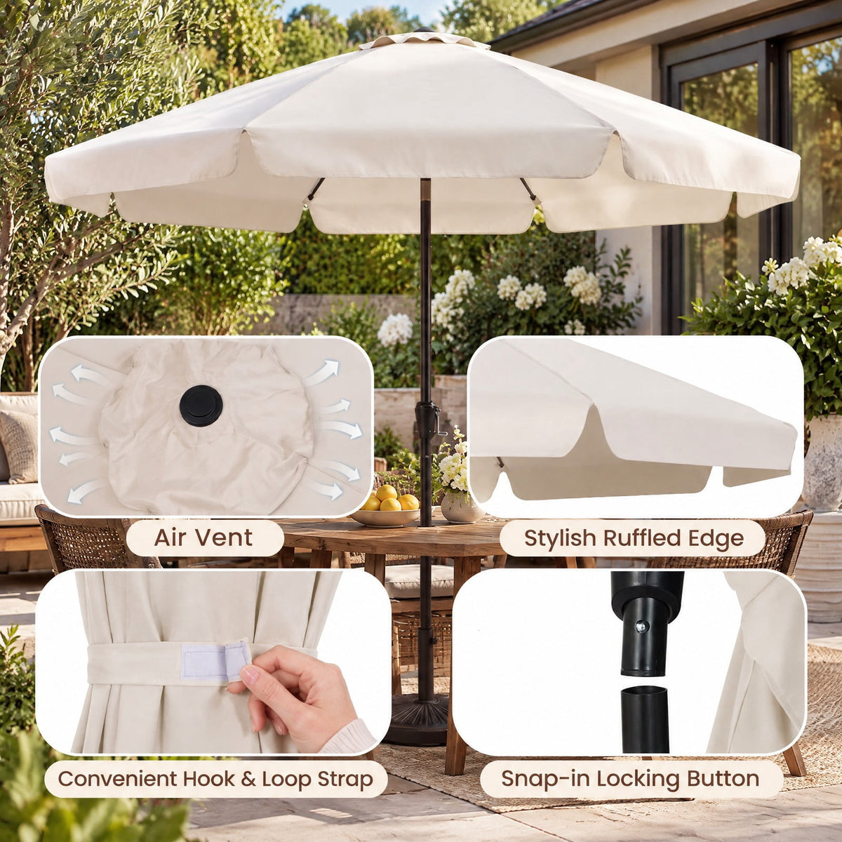 Airfind 10 FT Scalloped Patio Umbrella with Push Button Tilt and 8 Fiberglass Ribs, Fiberglass Polyester Fabric Metal ABS Frame, Beige