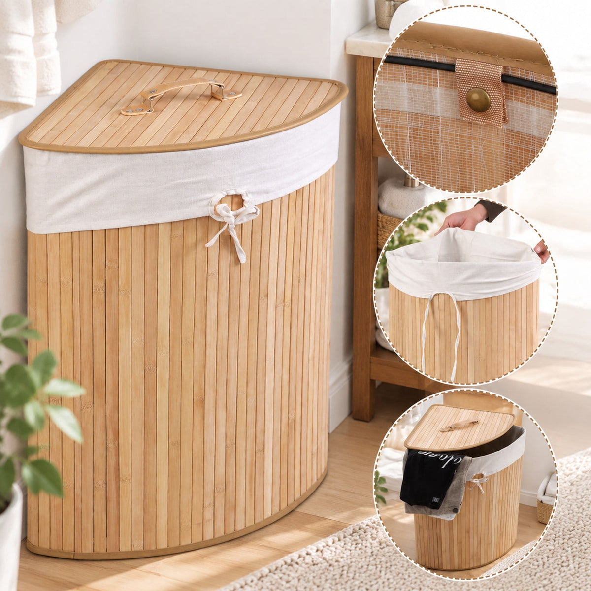 Airfind Corner Bamboo Hamper Laundry Basket, Bamboo and polyester cotton Frame, Natural, Easy to carry with a handle on each side