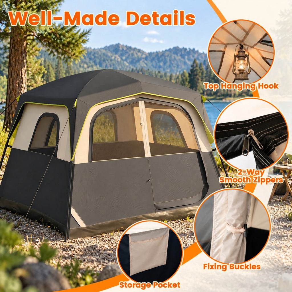 Airfind 6-Person Camping Tent Easy Setup Family Cabin Tent with Top Rainfly Mesh Windows, Fabric Fiberglass Metal Frame, 10 x 9 x 7 ft Footprint