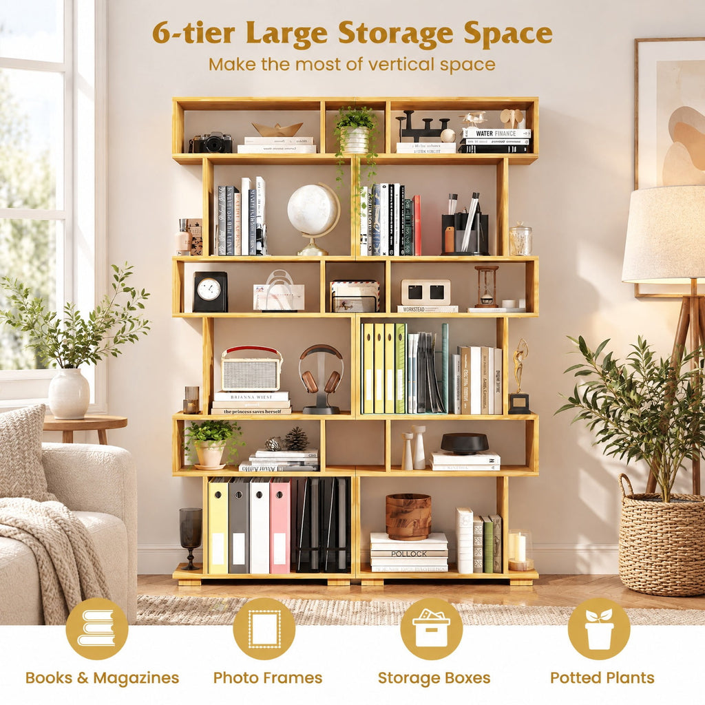 Airfind 6-Tier Geometric Bookshelf with 2 Anti-Tipping Kits for Home Office, 11 lbs Capacity, Engineered Wood Frame, 24 x 8 x 64 Footprint, Wood