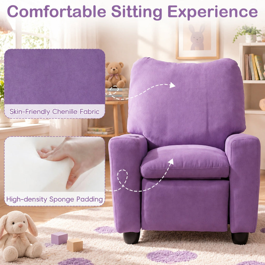 Airfind Kids Recliner Toddler Single Sofa with Adjustable Footrest and Cup Holder, 150 lbs Capacity, Wood Metal Sponge Chenille Fabric Frame, Purple