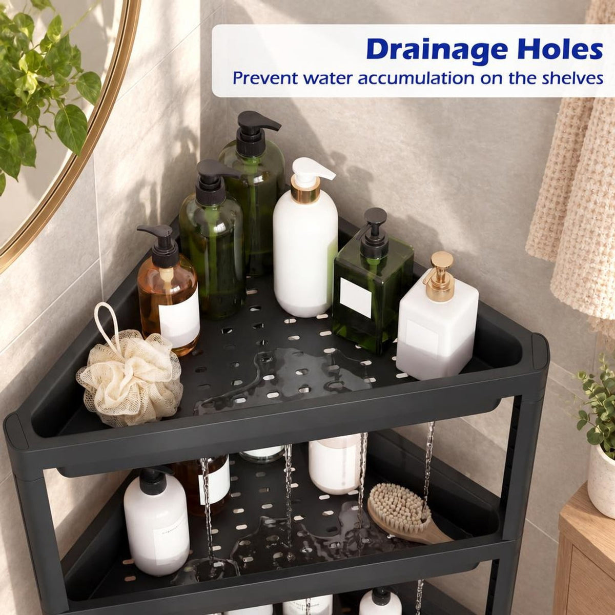 Airfind 3-Tier Corner Shower Caddy 2-Pack with Detachable Design, 18 lbs Capacity, PP Frame, 10 x 17.5 x 26.5 Total Footprint, Black
