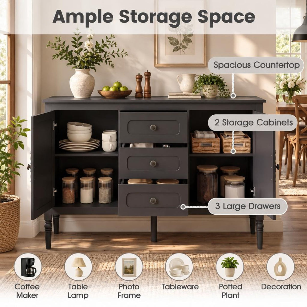 Airfind 47 Inch Vintage Buffet Cabinet with 3 Drawers 2 Cabinets and Adjustable Shelves for Dining Room, 110 lbs Capacity, 47 Inch x 15.5 Inch x 31.5 Inch Footprint