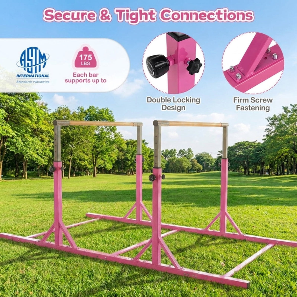Airfind Adjustable Foldable Gymnastics Bar for Home with Heavy-Duty Steel Frame and Non-Slip Rubber Feet plus Safety Lock Pins for Kids Training, Pink