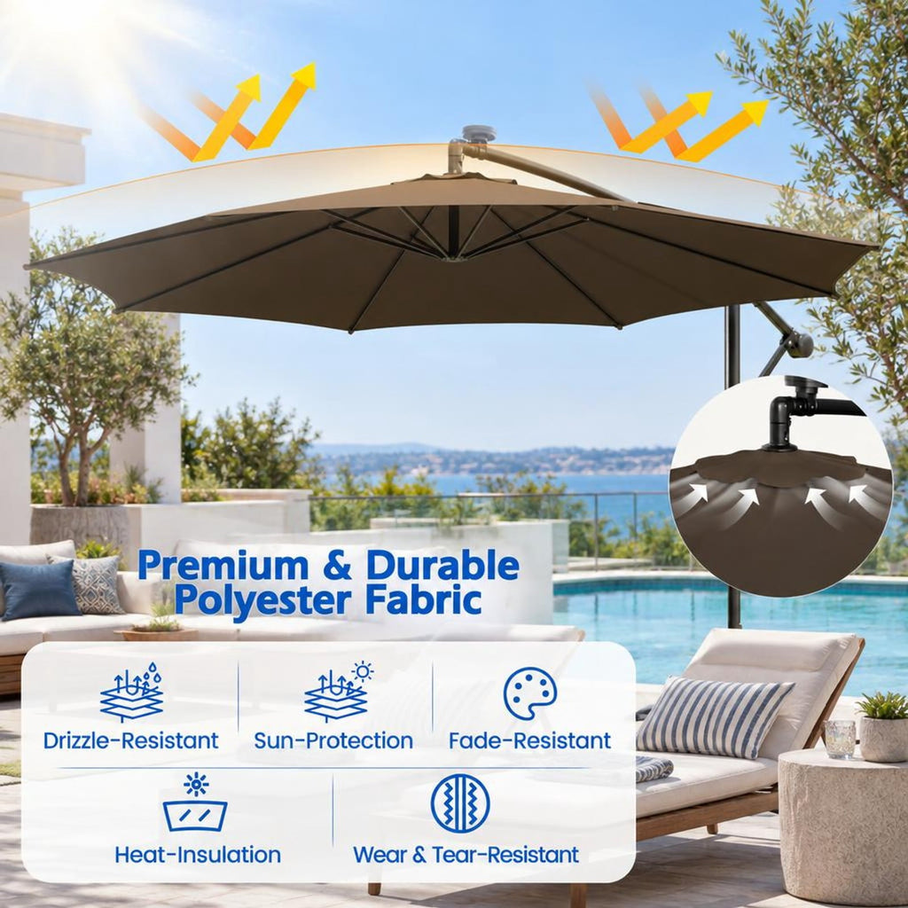 Airfind 10 Feet Patio Offset Umbrella with 112 Solar-Powered LED Lights-Beige, Polyester Fabric Metal Frame, 10 x 8 ft Footprint, Coffee