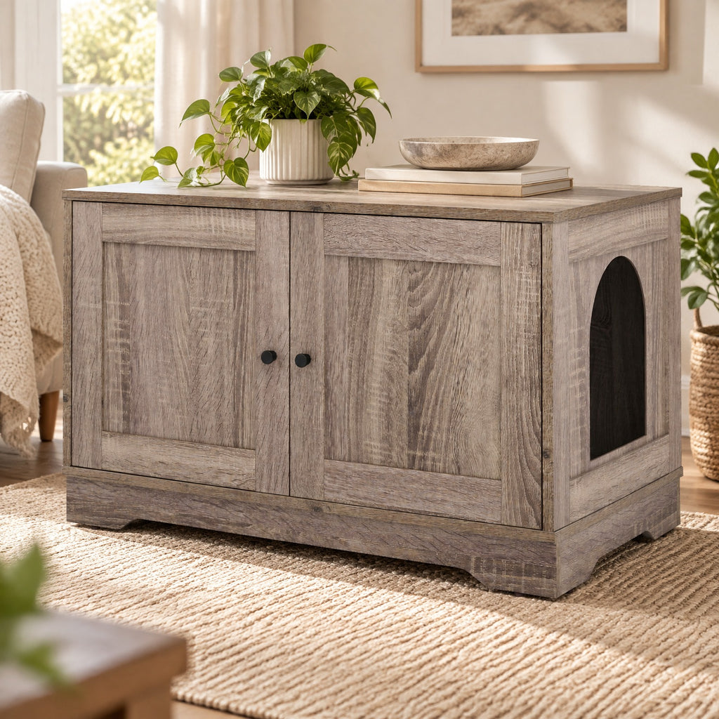 Airfind Cat Litter Box Enclosure Furniture Indoor Wooden Cat House End Side Table Nightstand, Engineered Board MDF Frame, Gray