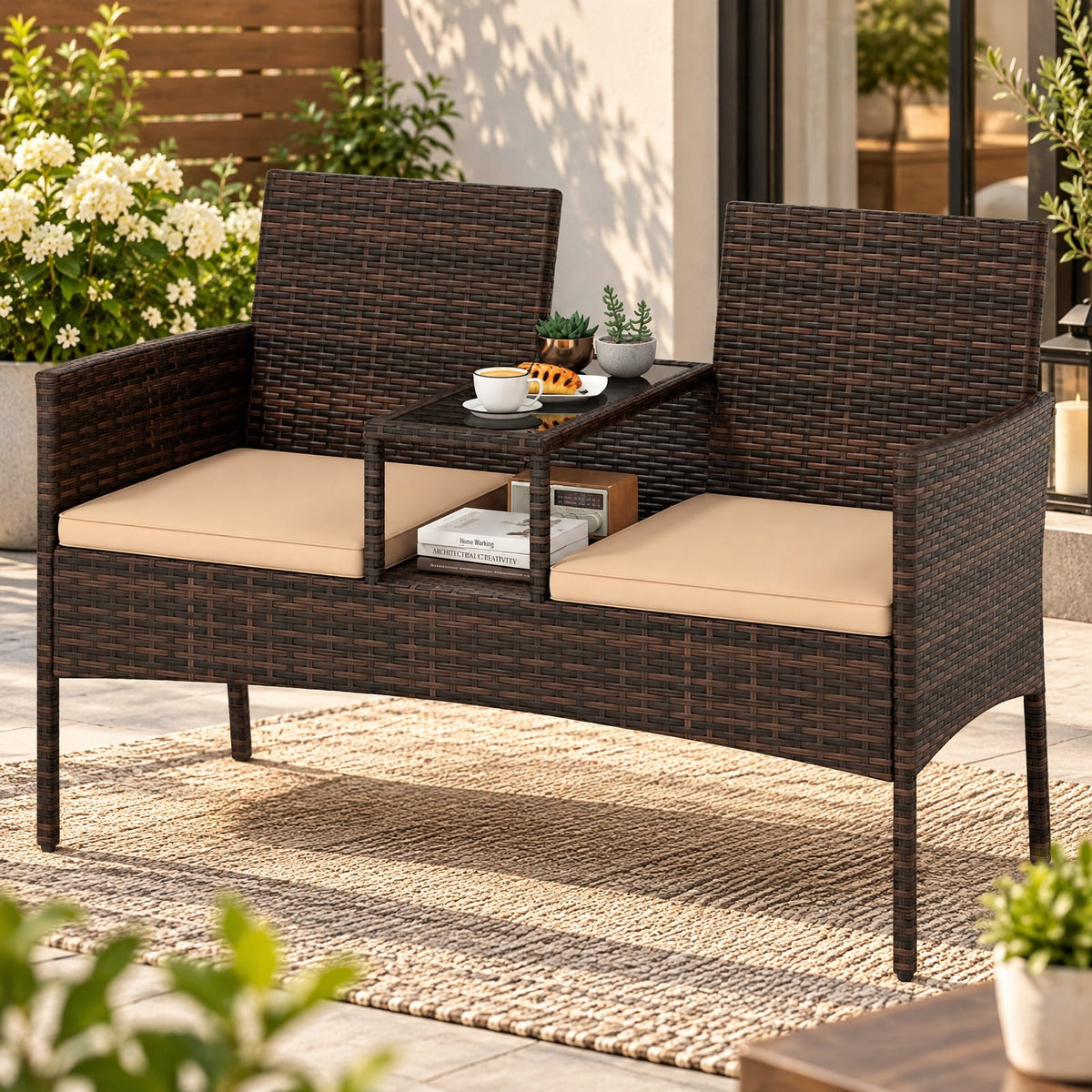 Airfind Patio Loveseat Wicker 2-Seat Conversation Set with Built-in Coffee Table, 800 lbsWeight Capacity, PE Frame, 47.5 x 23 x 33 Footprint