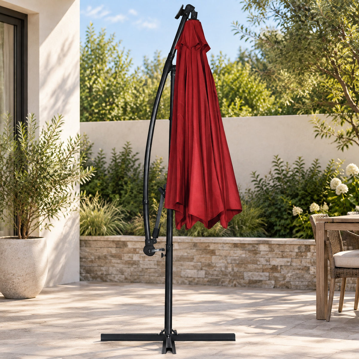 Airfind 10 ft 360° Rotation Solar Powered LED Patio Offset Umbrella without Weight Base, Steel aluminum polyester fabric Frame, 10 x 7.5 Footprint