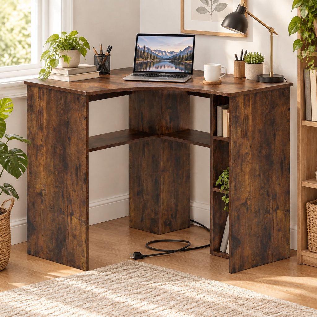 Airfind Corner Computer Desk Triangle Home Office Desk with Adjustable Shelf and Arc-Shaped Profile, 100 lbs Capacity, Brown