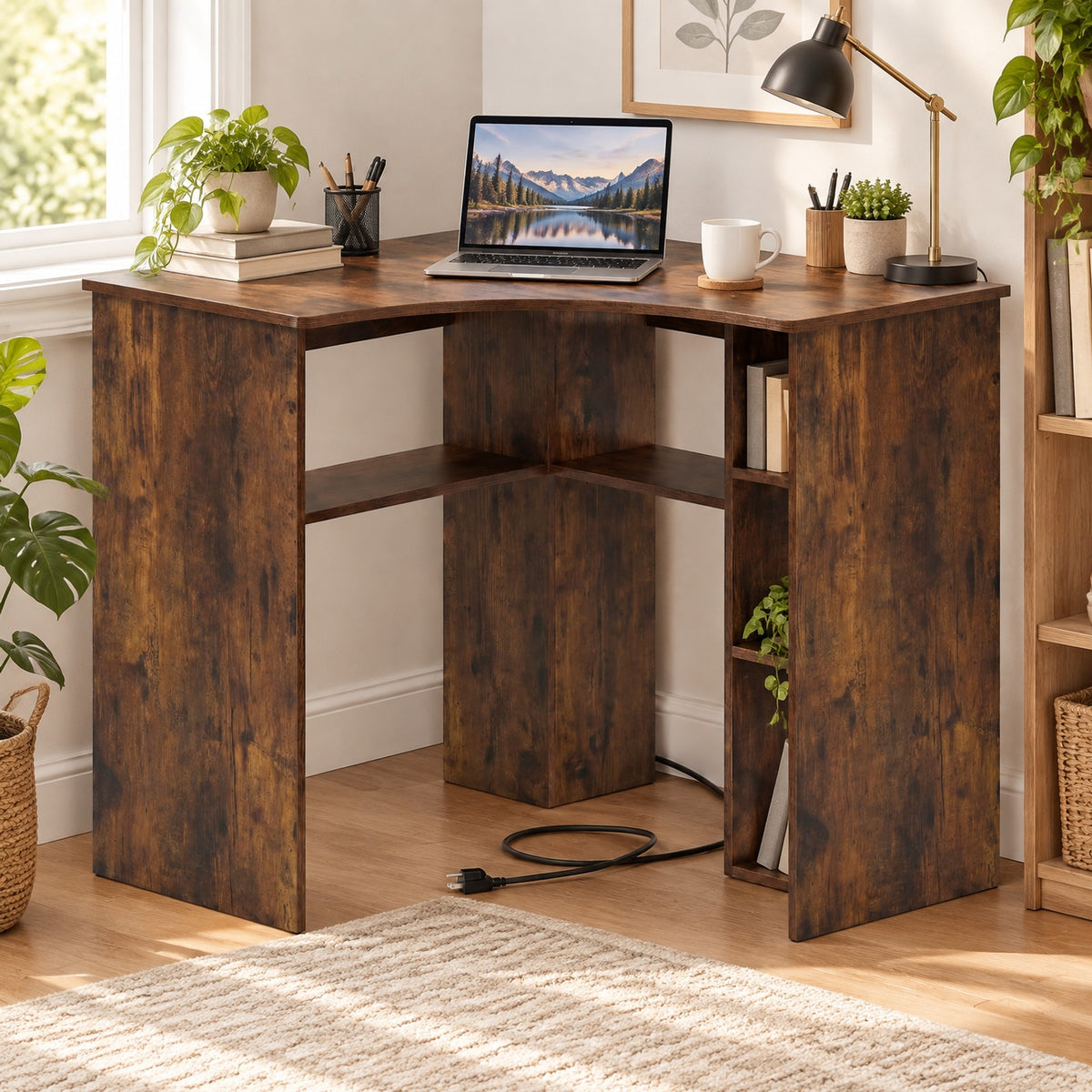 Airfind Corner Computer Desk Triangle Home Office Desk with Adjustable Shelf and Arc-Shaped Profile, 100 lbs Capacity, Brown