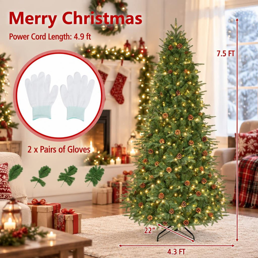 Airfind 7.5 ft Pre-Lit Artificial Christmas Tree with 540 Warm White LED Lights, 71 Pine Cones, 1125 Branch Tips and Folding Metal Stand, Green