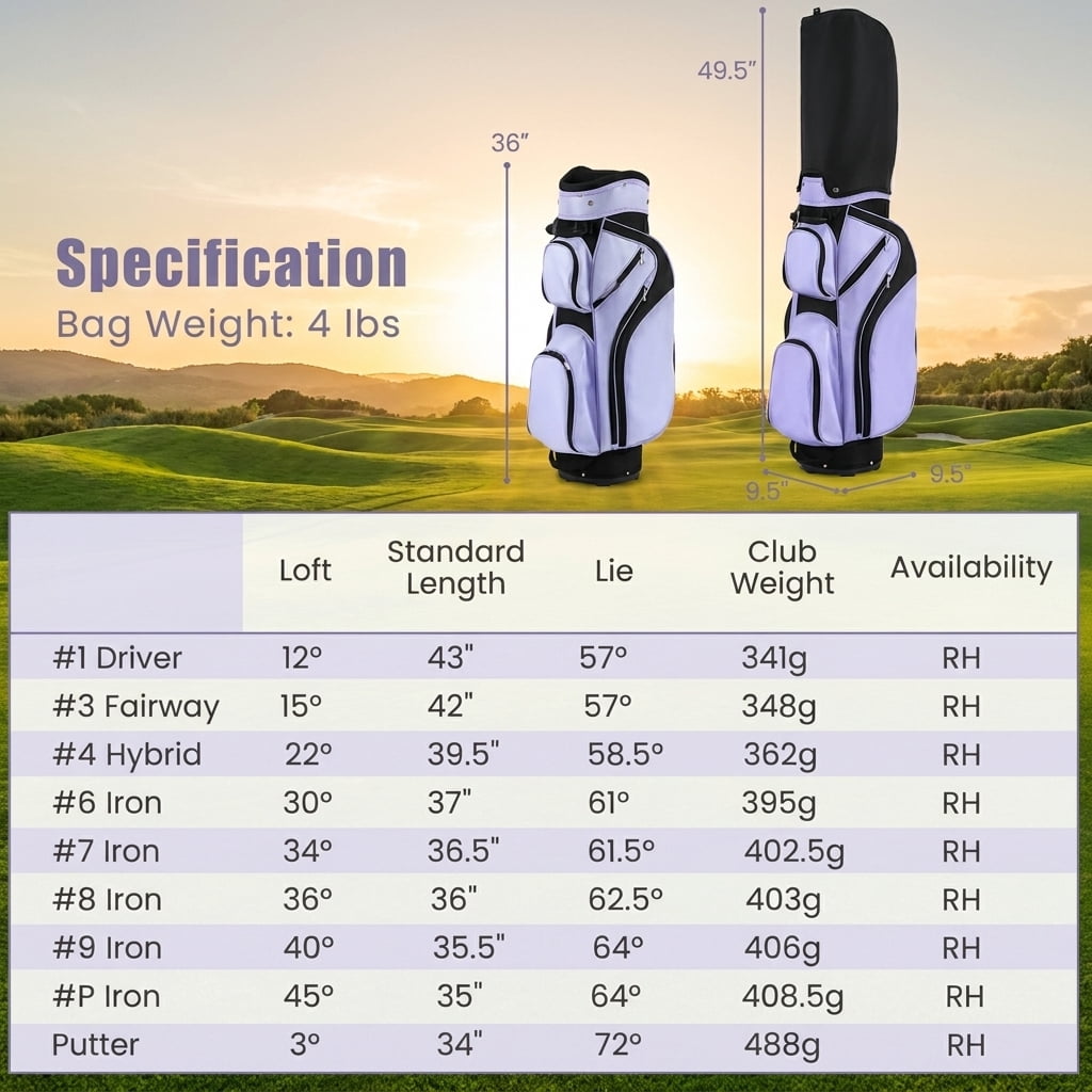 Airfind 10-Piece Ladies Complete Golf Club Set with 460CC Driver, Hybrid, Irons and Putter, Purple
